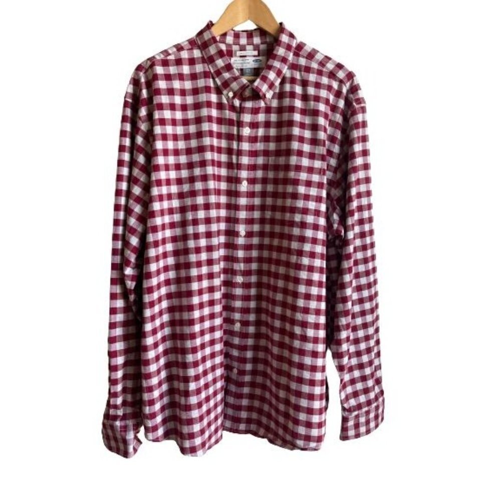 Old Navy Red White Gingham Plaid The Oxford Shirt Stretch Size XXL Slim Fit